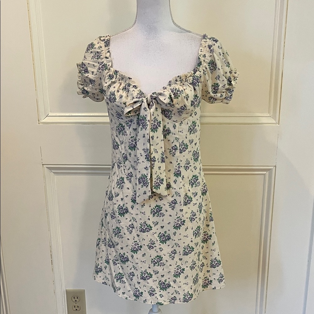 Cider Cream Floral Mini Dress with Green & Blue Print